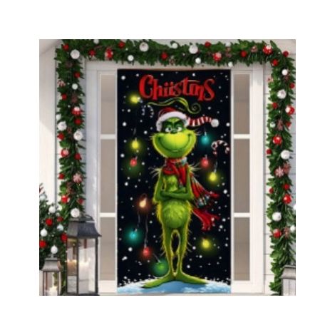 Décoration de porte Grinch vert, tissu d'ambiance, rideau de porte suspendu, motif drapeau - 90 x 180 cm (œillets + ruban) - Style 41