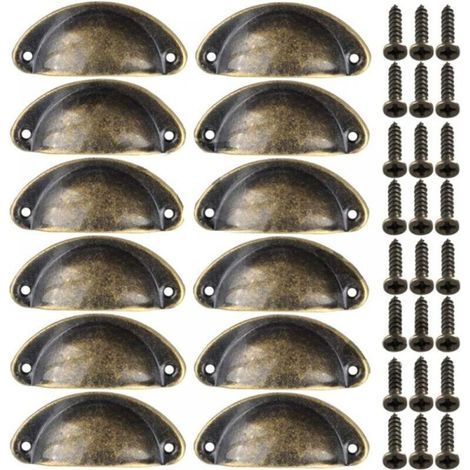 12pcs Poignées de Meuble Vintage Boutons de Tiroir Metal Coquille pour Placards Armoire Commode Cuisine Tiroirs Laiton Antique 8135mm (1/4)