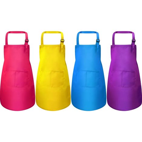 Lot de 4 tabliers enfant avec poche, tablier de cuisine ajustable pour cuisiner, pâtisserie et peinture (Rose, Jaune, Bleu, Violet, taille S pour 2-6 ans) (1/5)