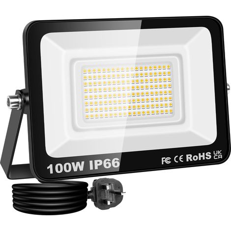 100W Projecteur LED Exterieur, 10000LM 4000K Blanc Chaud Spot LED avec EU Prise, Eclairage Mural pour Jardin, Patio, Garage, Entrée (1/5)