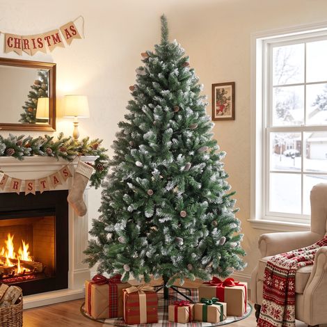 Sapin de Noël Artificiel 180cm Neigé 910 Branches 58 Pommes Pin Support Métal Pliable Montage Rapide Décoration Réaliste Intérieur Vert (1/5)