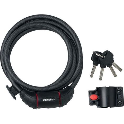 MASTER LOCK Cable Antivol Vélo [1,8 m Câble] [Clé] [Extérieur] [Support Fixation Vélo] 8130EURDPRO - Idéal pour Vélo, Vélo Electrique, Skateboard, Poussettes, Tondeuses et autres Equipements