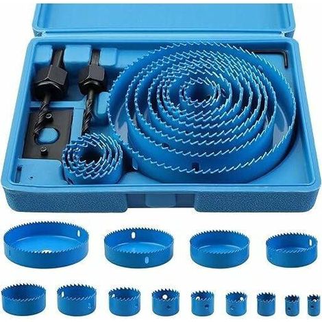 Kit de 17 scies cloches bimétalliques acier carbone Ø19-127 mm, avec trépans, pour bois et plaques de plâtre