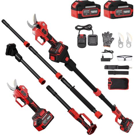Sécateur Électrique Avec Perche, 2-en-1 Secateur Electrique Sans Fil Télescopique, Portée Totale 4.3 m, Coupe 50 mm, 2 4,0Ah Batteries, Câble de Prolongation 1.05m, Jardin/Arbres/Fleurs (1/5)