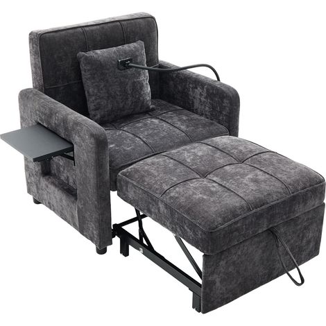 Fauteuil convertible en lit simple avec table et rangements, revêtement en chenille grise (1/5)