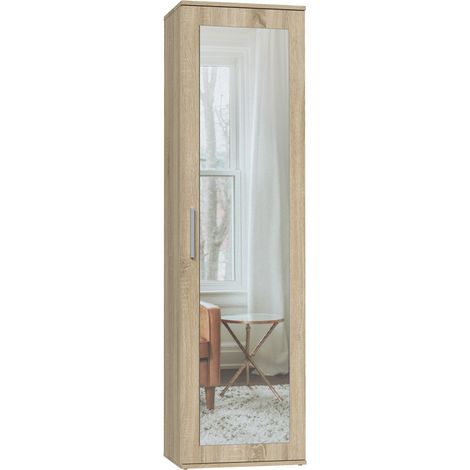 Armoire Duo avec miroir – Chêne sonoma – Grande penderie avec 2 étagères et support pour cintres – Montage portes gauche ou droit
