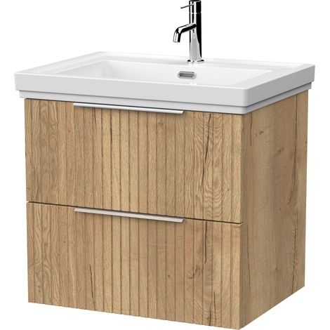 Callingwood Contemporary Wall Hung 2 Drawer Vanity Unit with Traditional 1 Tap Hole Fireclay Basin , 600mm, Autumn Oak