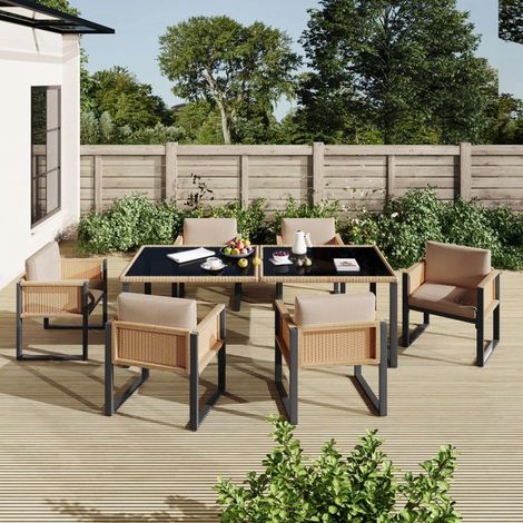 Ensemble table et chaises de jardin - 6 places - Rotin PE - Plateau verre trempé - Housses amovibles (1/5)