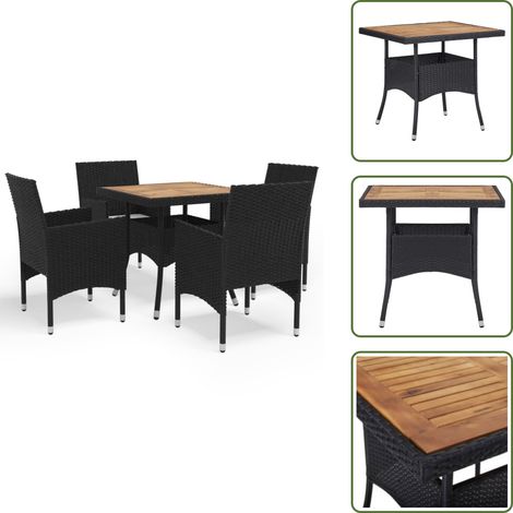 5-tlg. Garten-Essgruppe Schwarz Poly Rattan und Akazienholz - Gartensessel - Gartentisch - Outdoor-Set - Gartenmöbeln - Rattanmöbel (1/5)