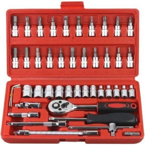 Kit de herramientas manuales para mecánicos de 46 piezas, juego de llaves de vaso con estuche, juego de llaves de carraca multifuncionales para llave de carraca de 24 dientes para reparación de automó