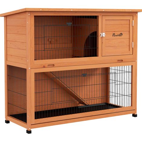 PawHut Wooden Rabbit Hutch, Antiseptic Outdoor, for 1-2 Rabbits - Orange 102H x 120L x 50Wcm (1/5)