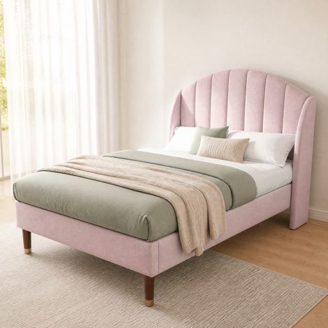 Lit capitonné moderne 90x200 cm en velours rose avec tête de lit haute et sommier à lattes (1/5)