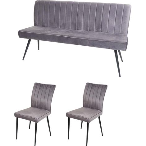 Esszimmer-Set HHG-480, 2er-Set Stuhl+Sitzbank Esszimmergruppe Sitzgruppe Esszimmergarnitur, Samt Metall dunkelgrau