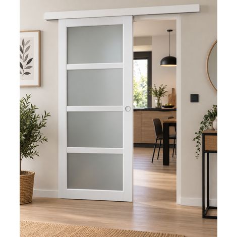 Porte Coulissante Tana Blanc Vitrée H204 X L63 Cm, Rail Alu Bandeau Blanc, Coquilles Blanc Gd Menuiseries (1/3)