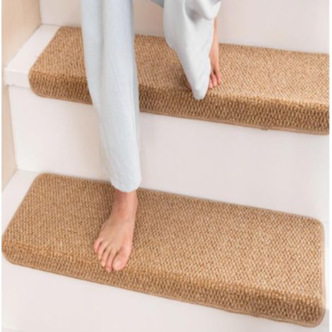 Tapis de marches d'escalier intérieur en sisal antidérapant et auto-adhésif (lot de 2) - marron clair (1/5)