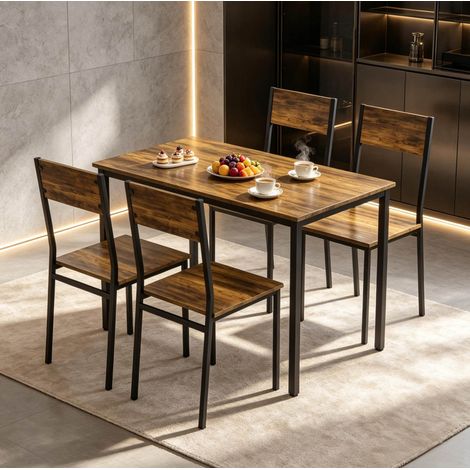 Table et 4 chaises 108x60x76 cm en panneaux de particules noir, industriel cuisine FloraGrace (1/5)