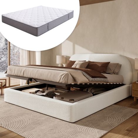 Lit coffre rembourré 180x200 cm avec matelas - Avec tête de lit rembourrée - espace de rangement - Tissu bouclé - Beige