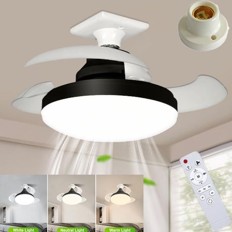 LED Ceiling Fan with Remote Control and E27 Bulb Holder, Retractable Blades, 3 Wind Speeds, 3 Color Temperatures, 38cm, Black.