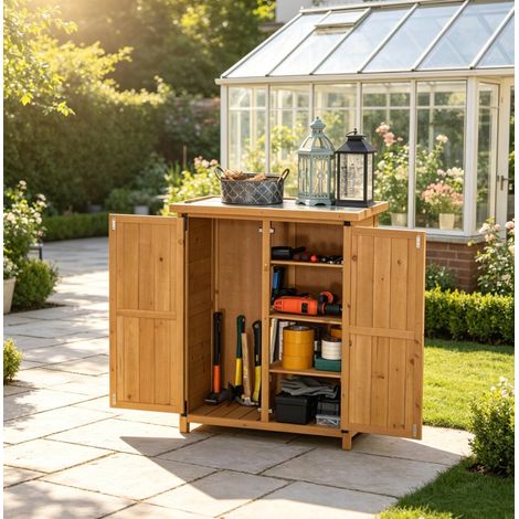 Armoire de rangement de jardin en bois, 2 portes, 3 étagères, toit en tôle galvanisée, jaune DESVIAE (1/5)