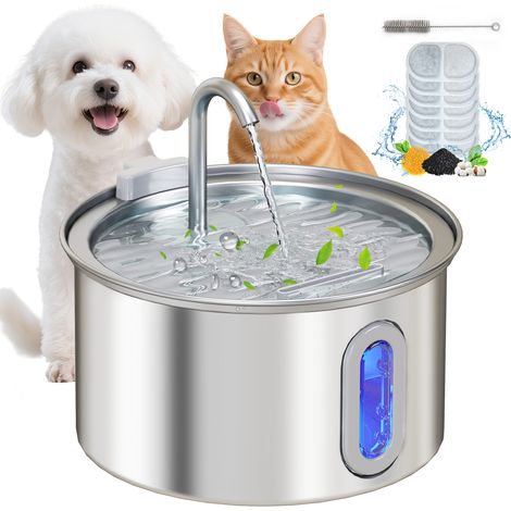 PawHut 2.5L Cat Water Fountain for Drinking Stainless Steel Ultra-Silent (1/5)