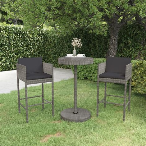 Set muebles bar jardín 3 piezas y cojines ratán sintético gris vidaXL (1/5)