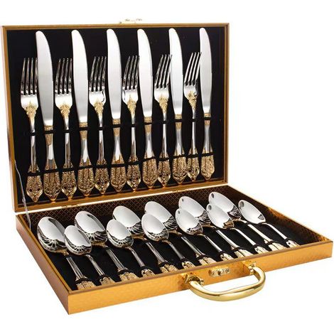 Service de table 24 pièces (partiellement doré), coffret en bois, couverts, cuillères, acier inoxydable 304 (1/2)