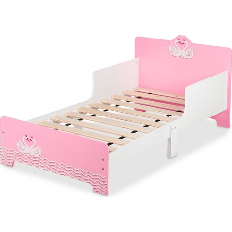 Relaxdays Letto per Bambini, Sponde Anticaduta, Rete a Doghe Rigide, Motivo Cigni, MDF, HLP: 60x77x143 cm, Bianco Rosa (1/5)
