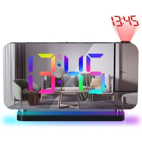 FENOPLASTICARéveil Projecteur - Horloge Miroir Digitale 7,4 Pouces (18,8cm) avec Projecteur Rotatif 180°, Veilleuse RVB, Port de Charge USB-C, Variateur Auto, Horloge de Bureau LED pour Chambre