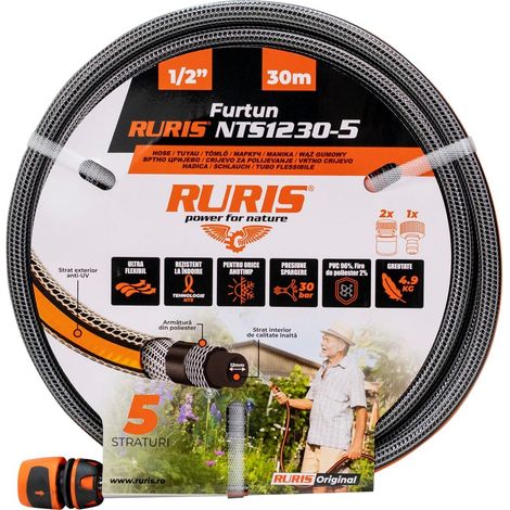 Tuyau d'arrosage RURIS NTS1230-5 30 m 1/2 pouce - PVC renforcé - Anti vrille NTS - Résistant aux UV - 2 raccords rapides inclus (1/4)