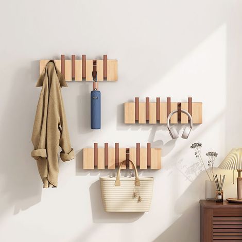 Patère murale à 6 crochets rétractables en bois massif, porte-manteau d'angle pour manteaux, écharpes et sacs à main, pour chambre et vestiaire (1/4)