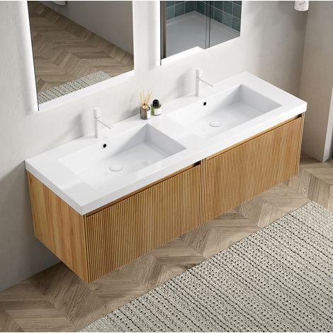 Mueble de baño mural con lavabo integrado, 2 cajones, blanco y madera natural (1/5)
