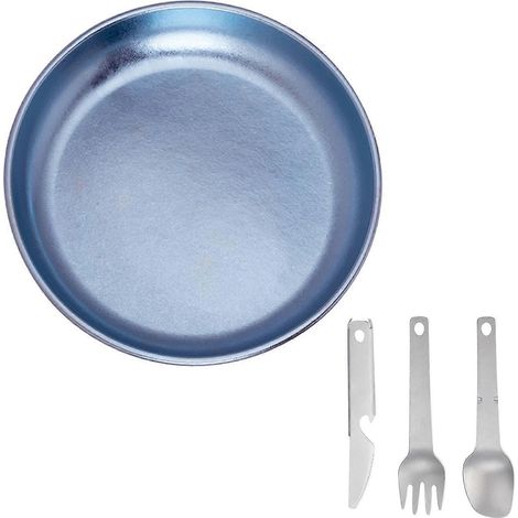 Campingteller mit 3-teiligem Set, integriertem Geschirr, Titanplatte, Grilltellern, Metall-Campingtellern.
