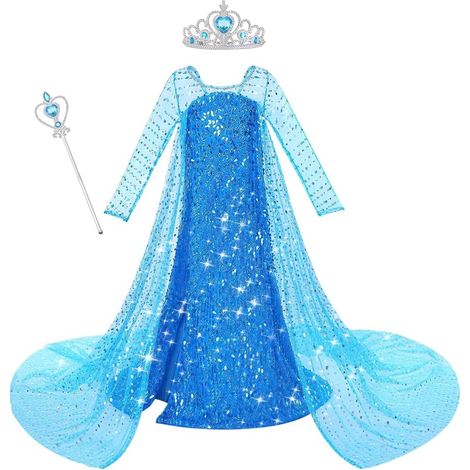 Abito da principessa per bambine, vestito con bacchetta e corona, costume da principessa per bambine, vestito a maniche lunghe per Natale, Halloween, feste di compleanno, cosplay ( (1/5)