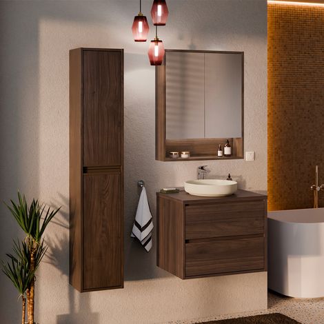 Waschtisch-Set mit Einzelwaschbecken 60 cm Hochschrank und Spiegelschrank Edmé dunkles Holz (1/5)