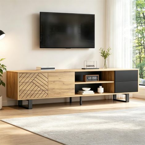 Modernluxe - Meuble TV aspect bois 180x40x50 cm - 2 portes et 2 tiroirs - Pieds en métal - Panneaux de particules - Naturel+ Noir (1/5)