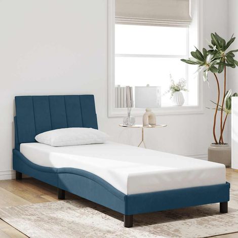 Cadre de lit avec tête de lit 90 x 200 cm en velours bleu, sommier à lattes, sans matelas - PANGIVO (1/5)