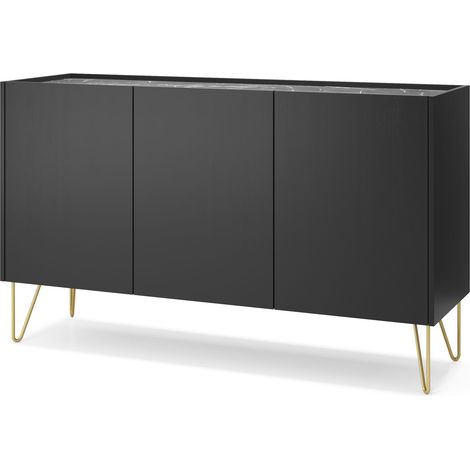Commode : 3 portes, 6 étagères, noir graphite / marbre noir, 144 cm x 83 cm x 37 cm (1/5)