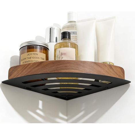 Étagère Douche sans Perçage, Étagère d'angle en Bois de Noyer pour Salle de Bain, Auto-adhésive (1/5)