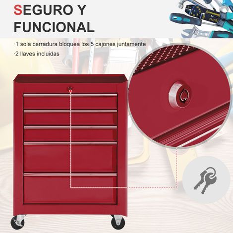 HOMCOM Carro de Herramientas para Taller con Ruedas 5 Cajones Armario con Cierre y Asa Lateral 61,5x33x82,5 cm Rojo (1/5)