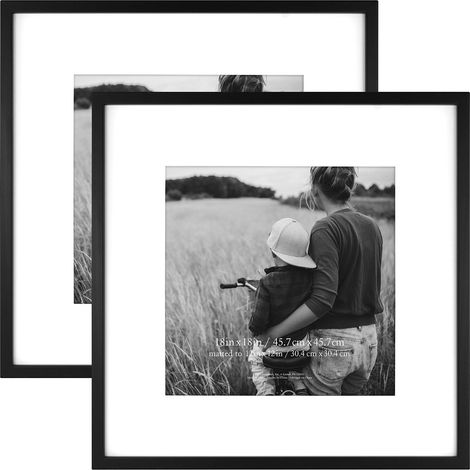 Cadre Photo Carré 45,7 x 45,7 cm avec Passe-Partout, Finition Noire en Bois Naturel, Fixation Murale et Support de Table, Cadre pour Photos, Posters et Œuvres d'Art Lot de 2 (1/5)