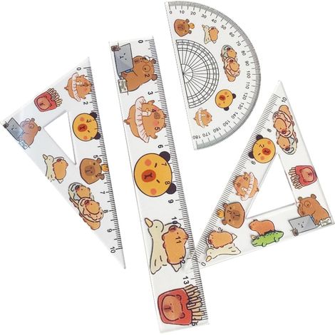 Ensemble de 4 outils de mesure mignons et amusants - Règles en acrylique de 15 cm, équerre, rapporteur - Fournitures de mathématiques et de géométrie pour l'école et le bureau - Motif capybara transpa