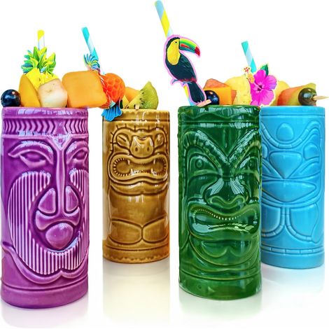 Tiki Mugs Lot de 4 Gobelets à Cocktail Verre Cocktail Accessoires Tiki Bar Décoration Fête 14cm x 6,5 Ø Tiki Cocktail Party (1/5)