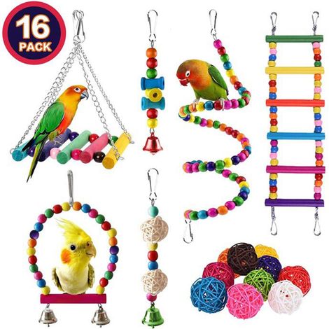 16er-Pack Papageien-Spielzeug-Set, verschiedene Vogelkäfig-Spielzeuge, sicheres, langlebiges Zubehör für Nymphensittiche, Sittiche