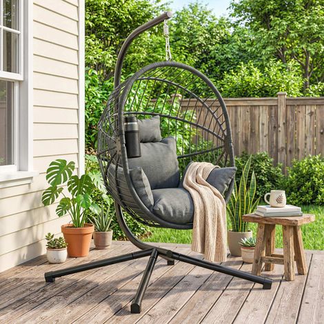 Fauteuil œuf suspendu, hamac balançoire intérieur-extérieur, panier pliable, coussin rembourré, gris