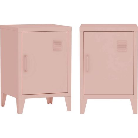 Lot de 2 tables de chevet en métal 1 porte. Rose. L 38 x P 38 x H 55.7 cm (1/5)