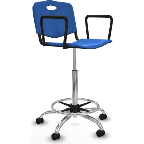 Taburete Robledo giratorio plástico azul brazos fijos base cromada ruedas autofrenantes 50mm