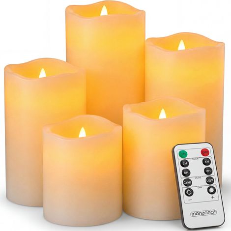 MONZANA® LED Kerzen mit Timerfunktion flackernd Echtwachs batteriebetrieben mit Fernbedienung dimmbar in Warmweiß Set à 5 Größen ø7,5cm