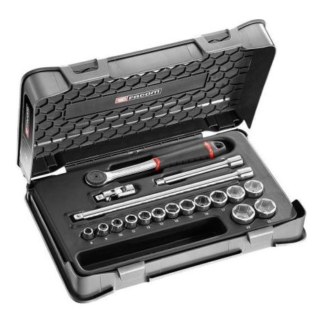 Facom – Coffret cliquet et douilles 3/8" – Douille 6 points – 18 pièces – Pour travaux mécaniques et entretien automobile (1/2)