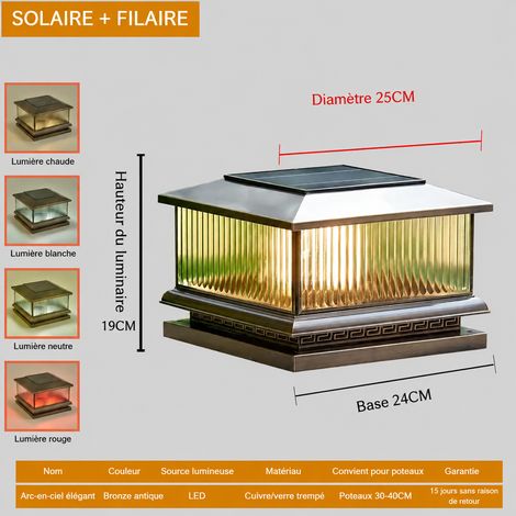 Lampe de pilier extérieur en cuivre Ø 25 cm bronze solaire et électrique LED IP65 25cm réf 0597 – Livraison gratuite