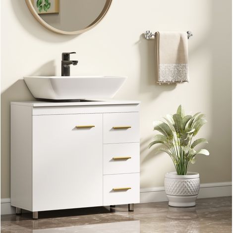 Meuble sous vasque 70x30x65 cm en bois blanc, 3 tiroirs, gain de place salle de bain FLORAGRACE (1/5)